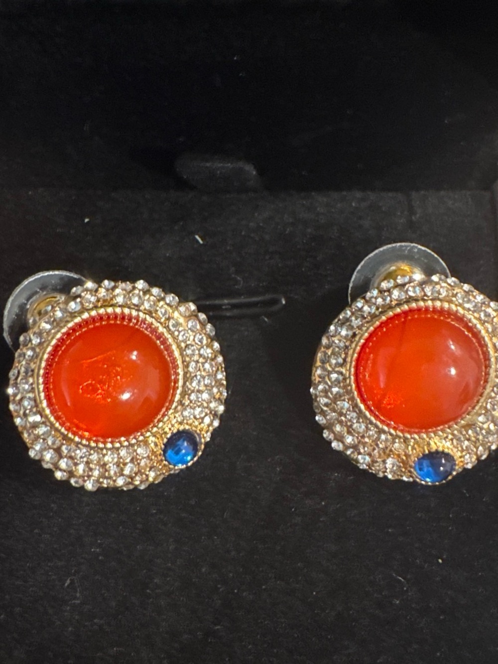 Gold-Tone Earrings with Red Cabochon and Blue Accent